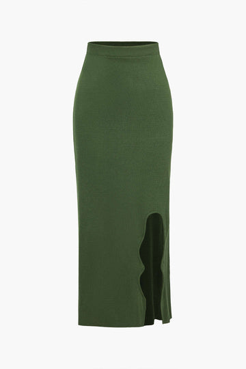 Solid Knit Slit Midi Skirt