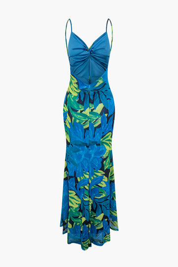Tropical Leaf Print Mesh Twist Front Maxi Dress