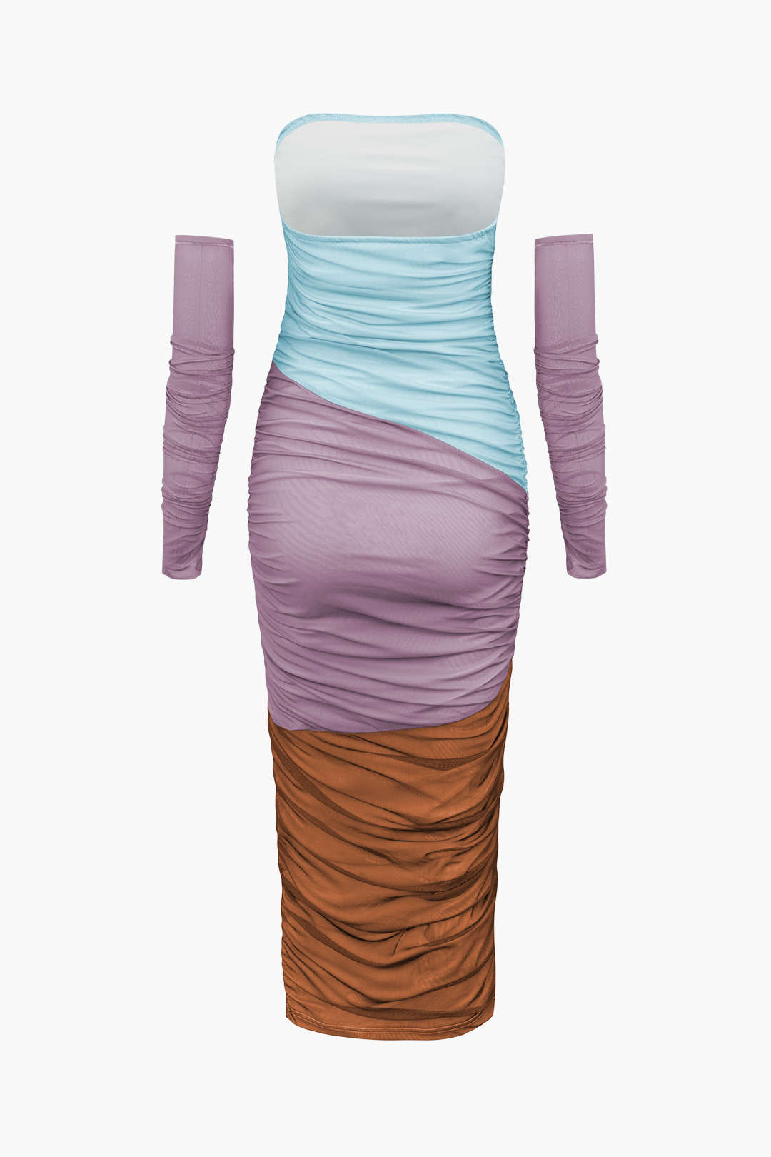Colorblock Ruched Strapless Maxi Dress With Sleeves