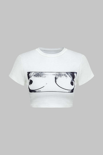 Body Print Round Neck Crop T-shirt