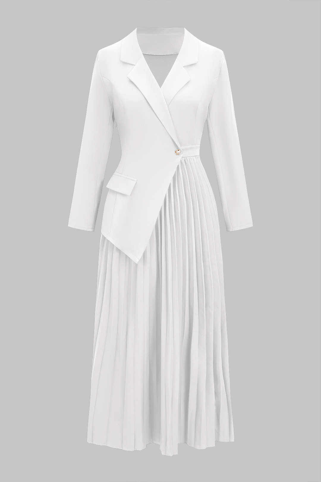 Notched Lapel Pleated Asymmetrical Long-Sleeve Maxi Dress
