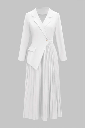 Notched Lapel Pleated Asymmetrical Long-Sleeve Maxi Dress