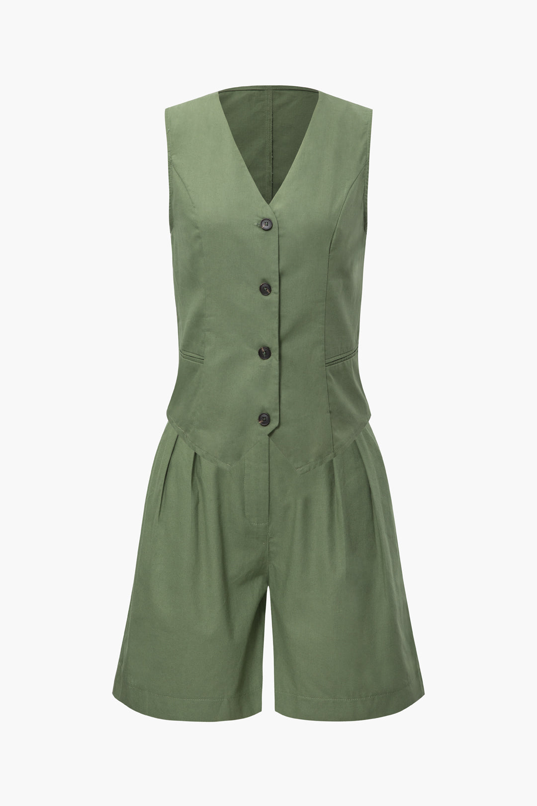 Linen-Blend Button Up Vest And Pleated Shorts Set