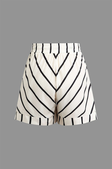 Stripe Print Chest Pocket Shirt And Drawstring Short Set