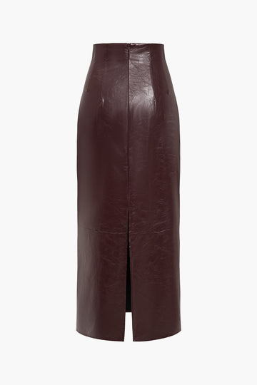 Basic Solid Faux Leather Midi Skirt