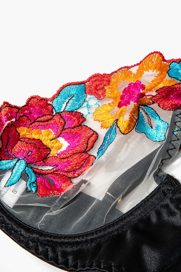 Flower Embroidery Bandage Metal Lingerie And Thong Set