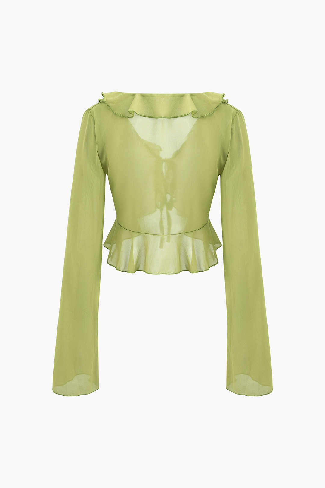 Deep V-neck Ruffle Tie Front Long Sleeve Crop Blouse