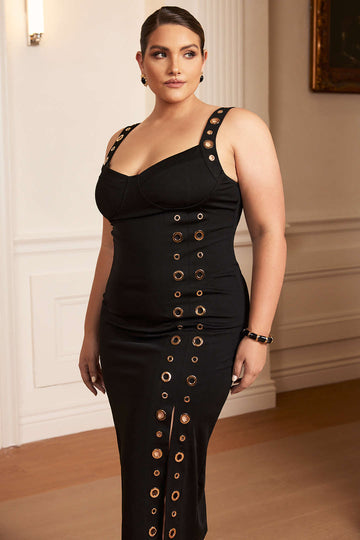 Plus Size Metallic Eyelet High Slit Sleeveless Maxi Dress