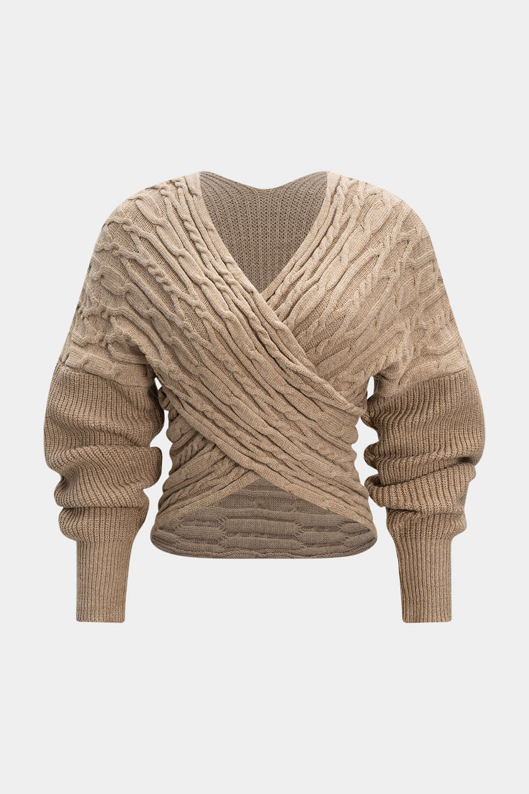 Cable Knit Crossed V-Neck Long-Sleeve Top