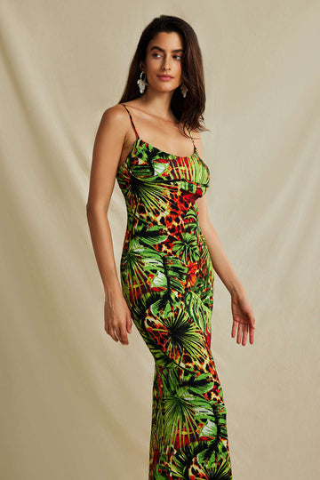 Palm Leaf Print Slit Midi Dress