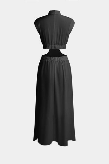 Mock Neck Cut Out Pleated Maxi Dress