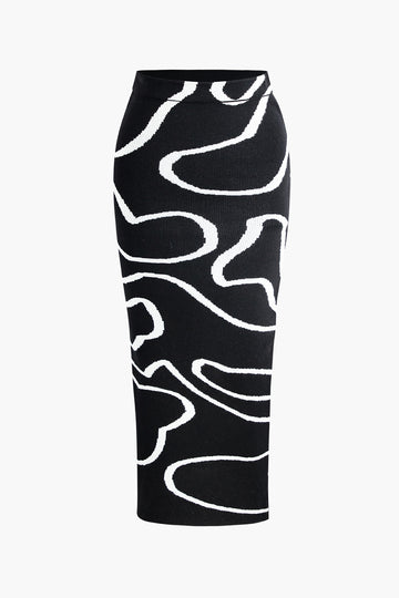 Line Pattern V-neck Long Sleeve Knit Crop Top And Slit Skirt Set