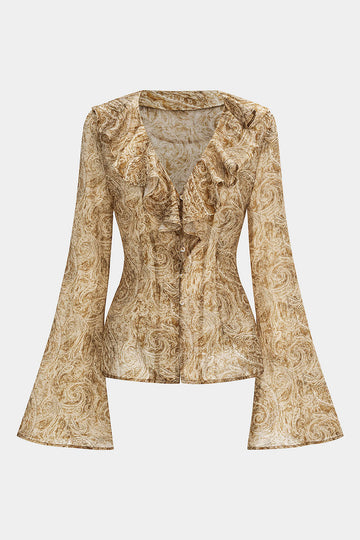 Abstract Print Ruffle Neck Long-Sleeve Shirt