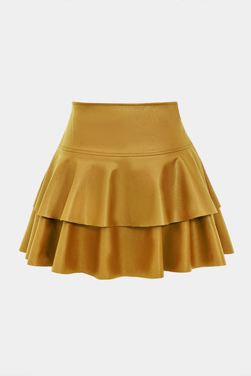 Solid Faux Leather Asymmetrical Layer Skirt