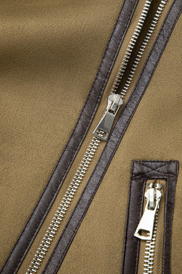 Asymmetrical Zipper Faux Shearling Belt Notched Lapel Coat