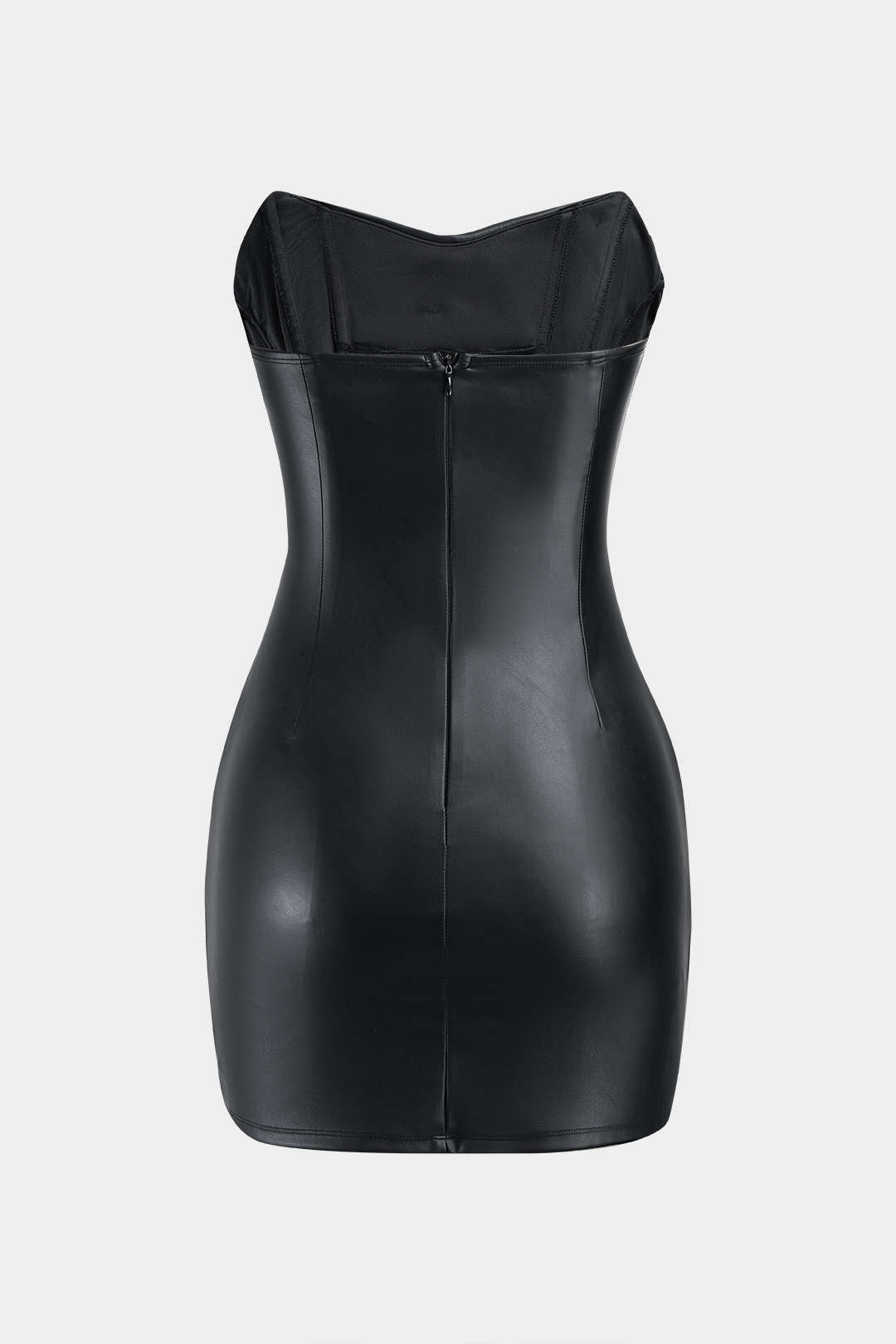 Faux Leather Zipper Ruched Strapless Sleeveless Mini Dress