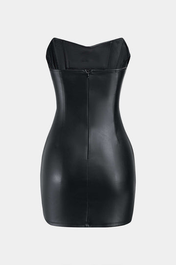 Faux Leather Zipper Ruched Strapless Sleeveless Mini Dress