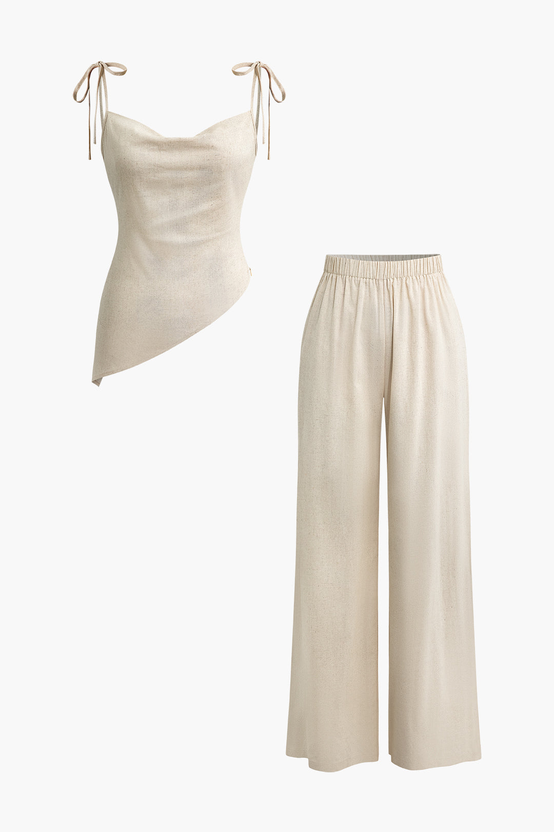 Linen Asymmetric Tie Strap Cowl Neck Cami Top And Pants Set