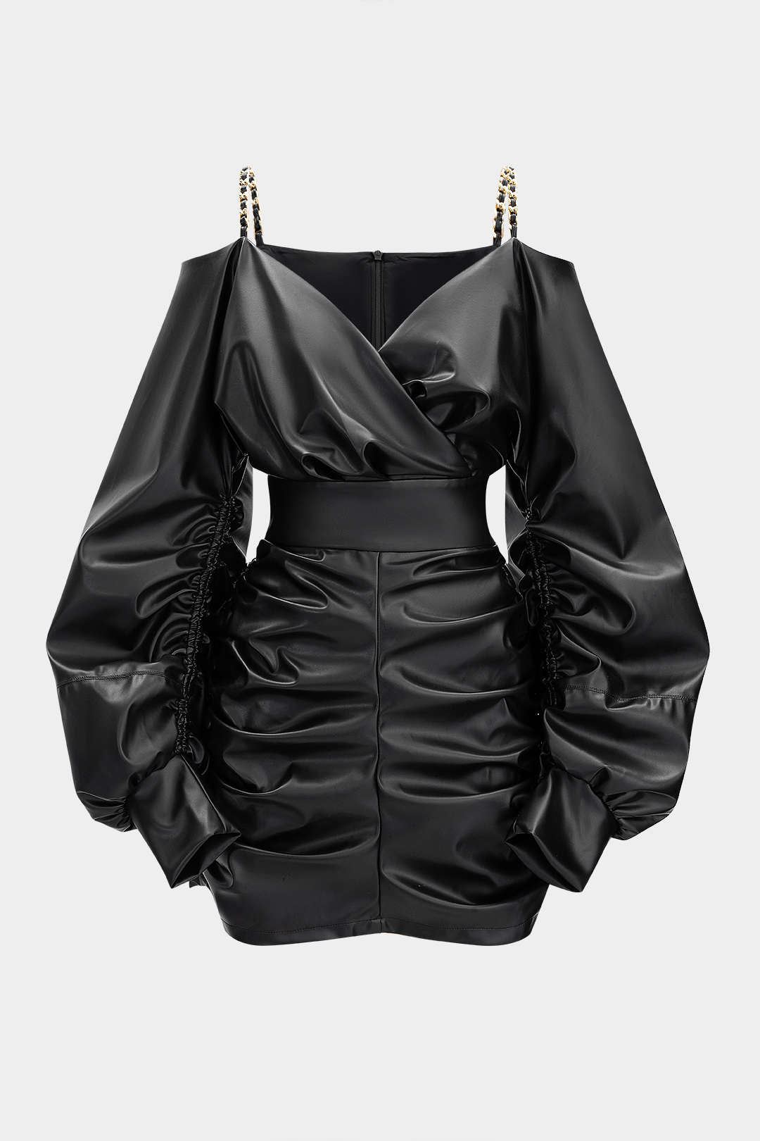 Faux Leather Metallic Chain Crossed Ruched Long Sleeve Mini Dress