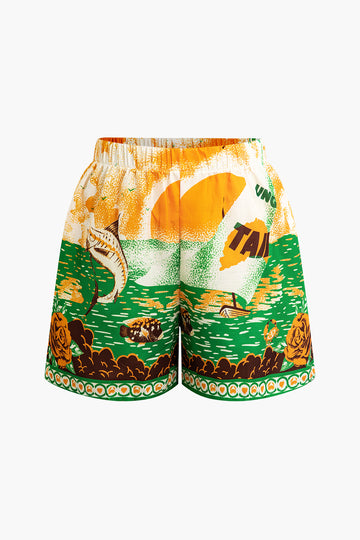 Summer Beach Print Tie-Front Shirt And Shorts Set