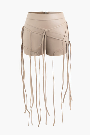 Faux Leather Fringe Zipper Shorts