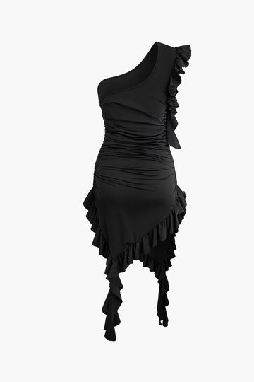 One-shoulder Asymmetric Ruffled Mini Dress