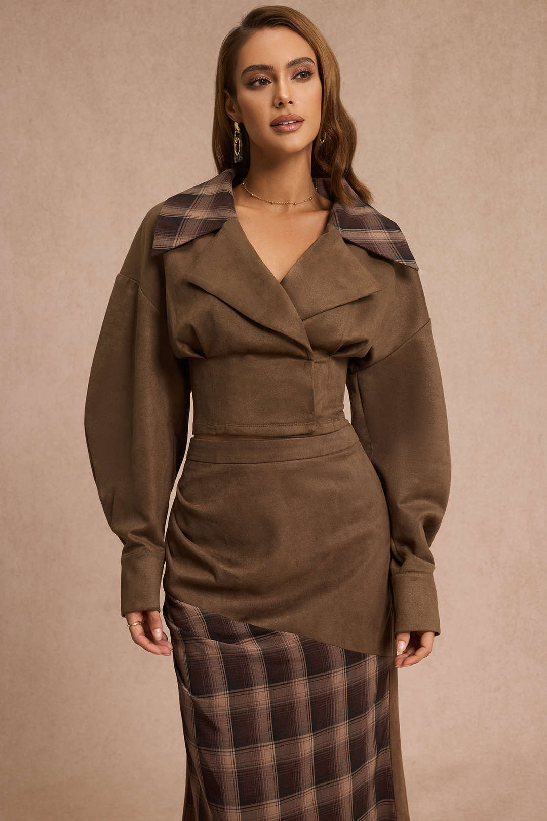 Suede Patchwork Notched Lapel Long-Sleeve Top