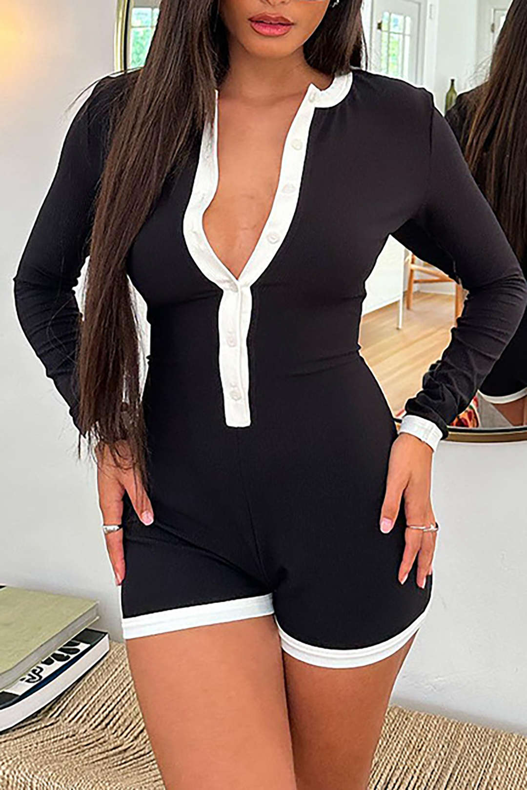 Contrast Binding Ribbed Button-Up Long Sleeve Romper