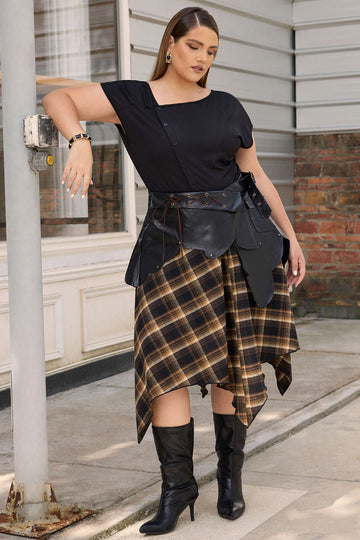 Plus Size Color Block Plaid Print Faux Leather Patchwork Tie-Up Asymmetrical Pocket Skirt