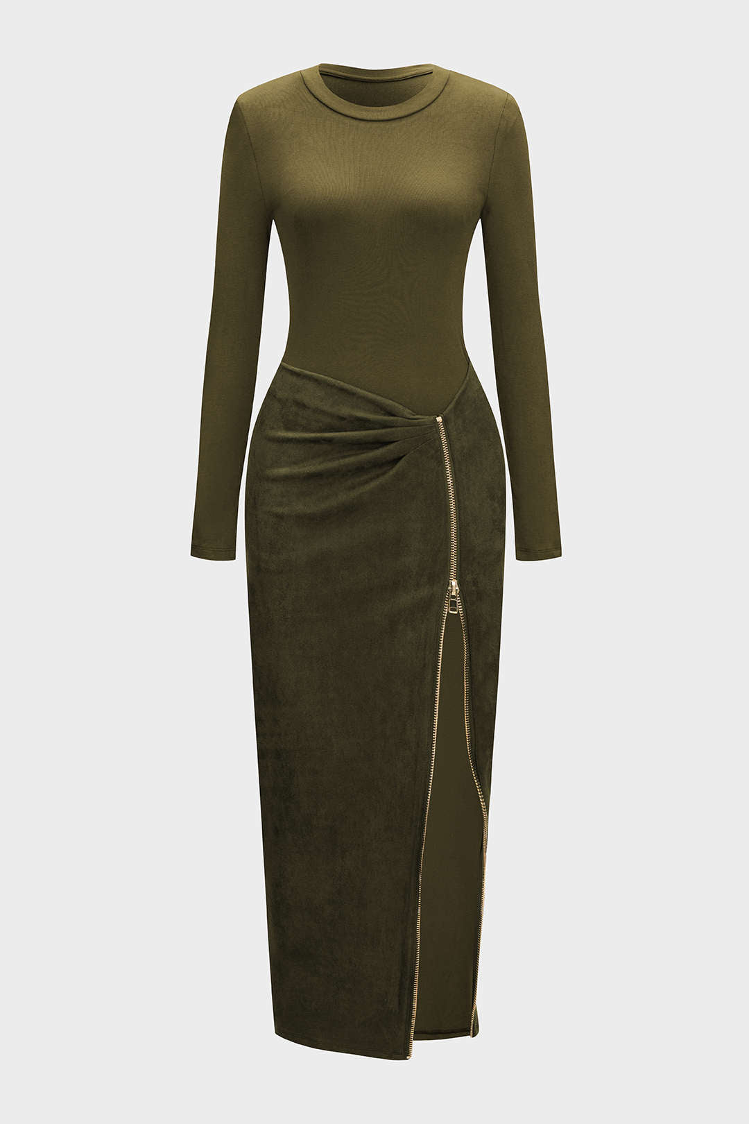 Round Neck Zipper Patchwork Long Sleeve Midi Dress