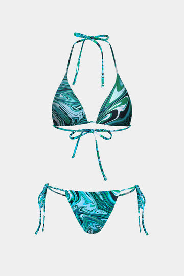 Abstract Print Mesh Four-Piece Swimsuit Set