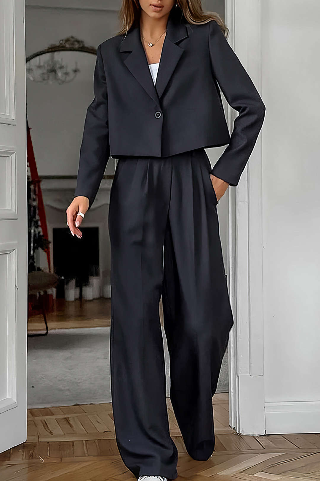 Notched Lapel Blazer And High Waist Trousers Set