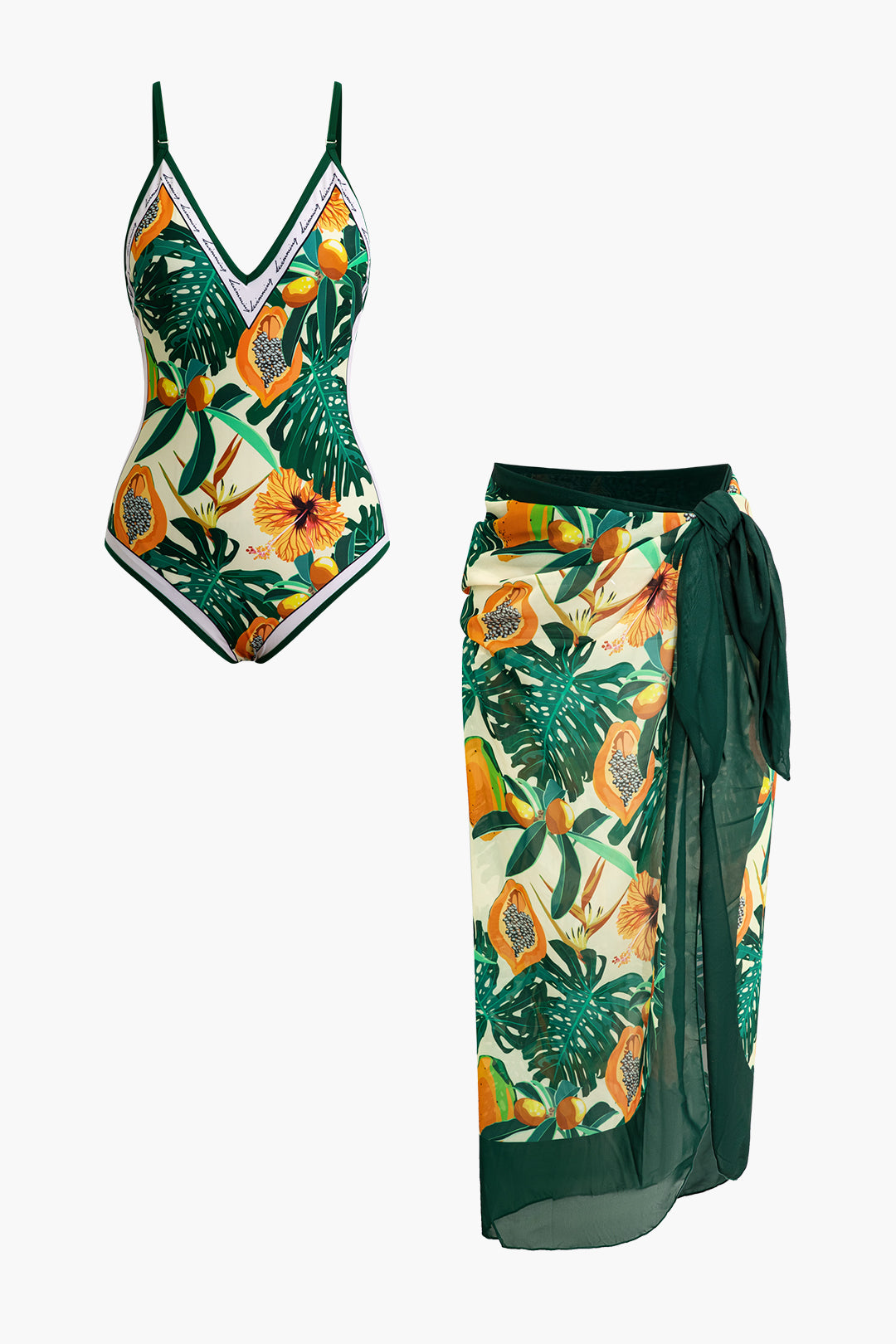 Tropical Print Tummy Control Swimsuit And Cover Up Set