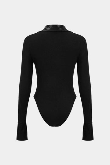 Patchwork Long Sleeve Faux Leather Bodysuit