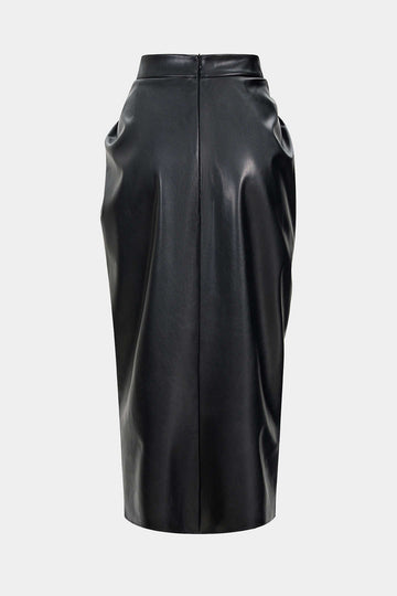 Faux Leather High Slit Ruched Crossed Skirt
