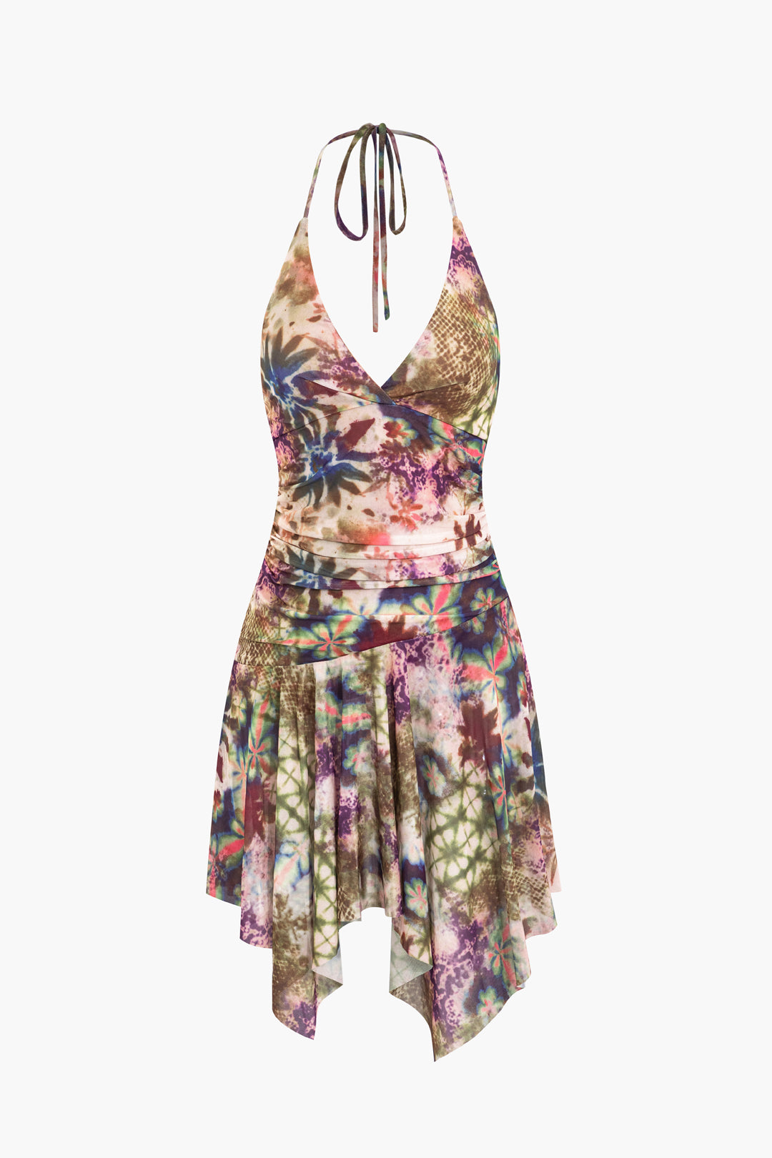 Floral Print V-Neck Halter Backless Asymmetrical Slip Mini Dress