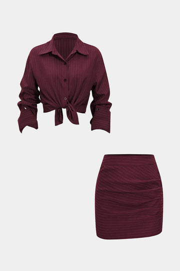Stripes Print Button Long-Sleeve And Ruched Mini Skirt Set