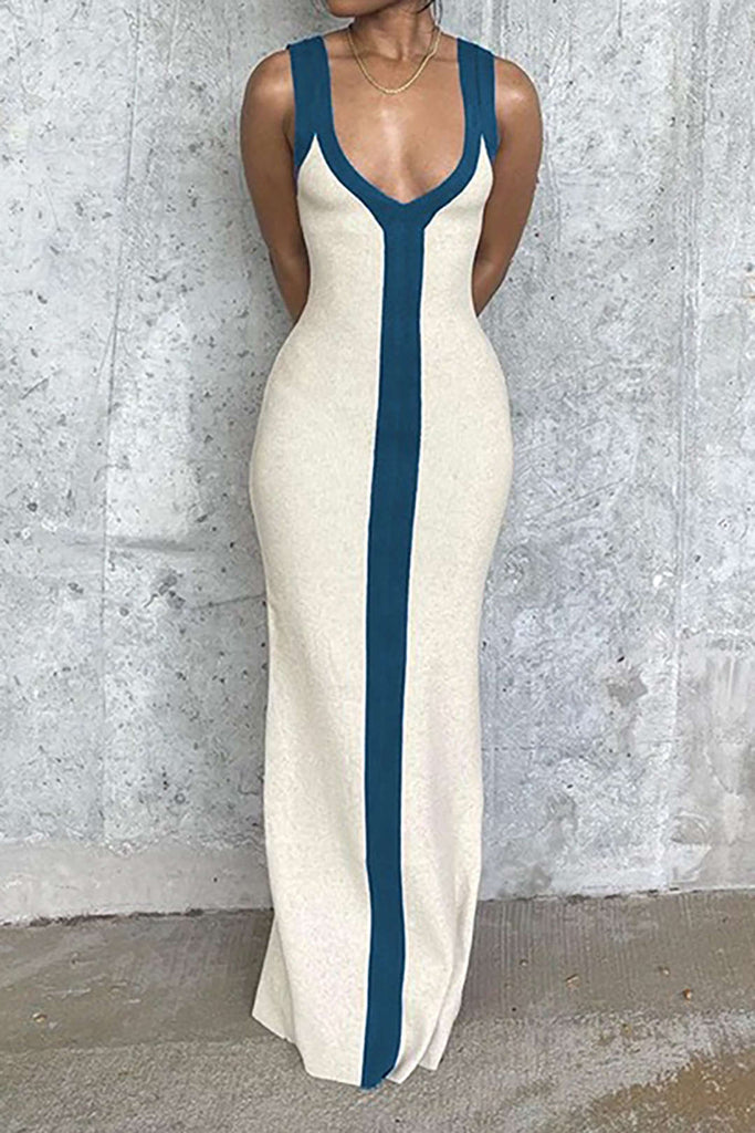 Colorblock V-neck Ribbed Split Maxi Dress - decent-life