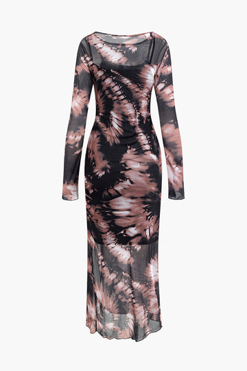 Abstract Print Mesh Long Sleeve Slit Dress With Lining