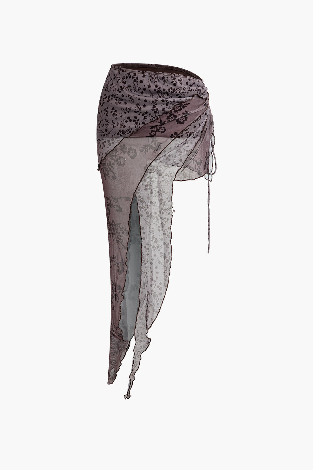 Floral Print Mesh Layer Drawstring Asymmetrical Mini Skirt