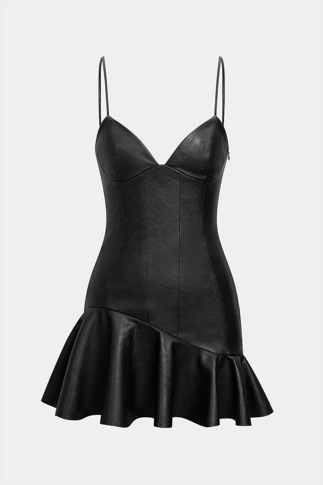 Faux Leather Asymmetrical Ruffle Hem Slip Sleeveless Mini Dress