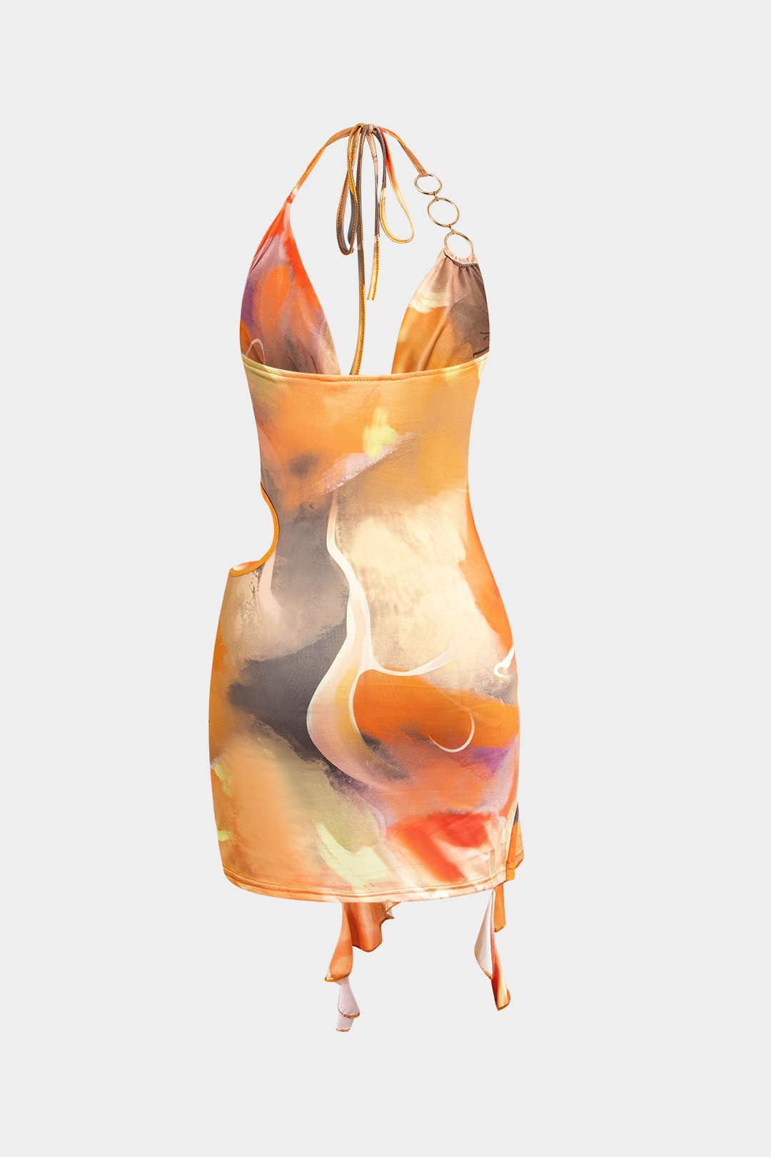 Abstract Print Halter Cowl Neck Slit Mini Dress