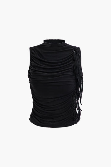 Mesh Ruched Mock Neck Sleeveless Tank Top