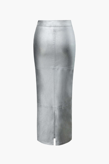 High Waist Metallic Slit Maxi Skirt