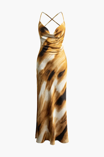 Abstract Print Cowl Neck Backless Slit Slip Maxi Dress