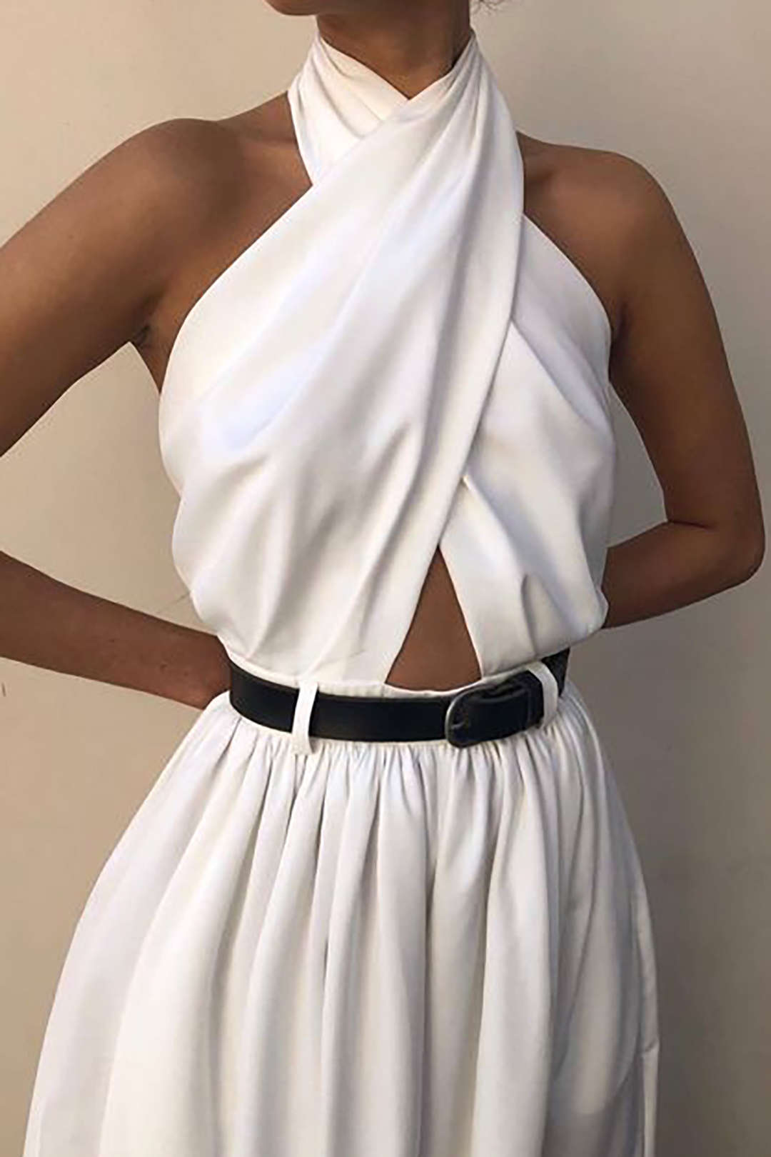 Cross Cut Out Backless Pleated Wide Leg Jumpsuit