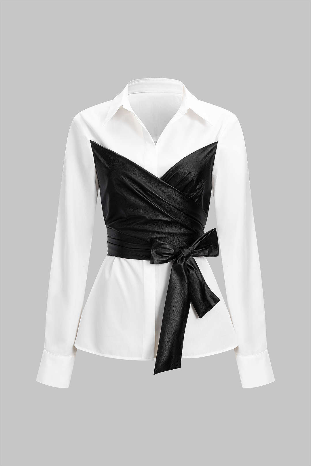 Faux Leather Patchwork Tie-Back Long-Sleeve Shirt