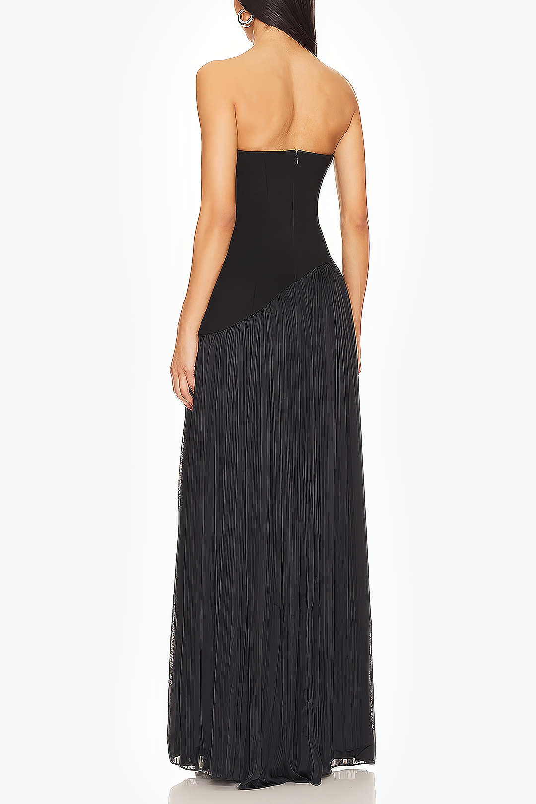 Strapless Patchwork Zipper Pleated Maxi Dress