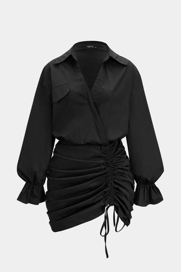 Plus Size Ruched V-Neck Drawstring Ruffle Long Sleeve Mini Dress