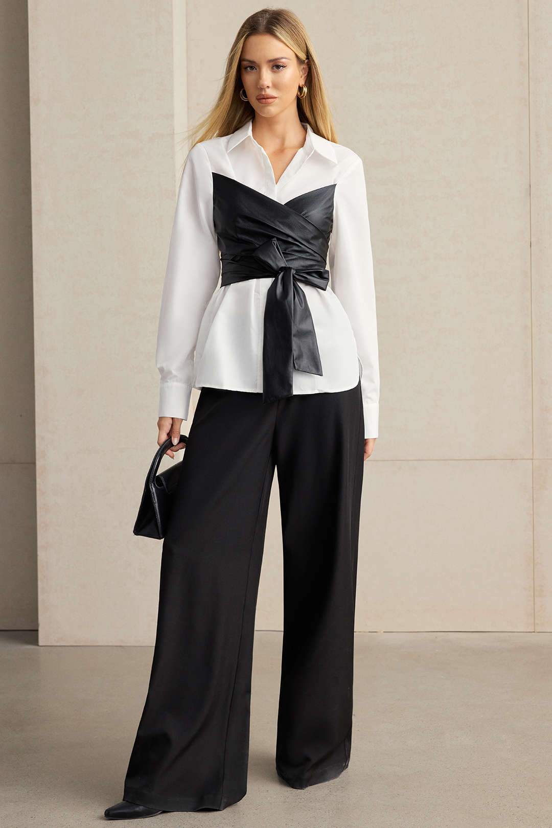 Faux Leather Patchwork Tie-Back Long-Sleeve Shirt